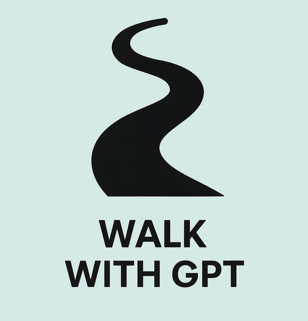 Walk with GPT 'Walk with GPT', a gentle AI companion logo, featuring winding path icon and bold black text on mint green background.